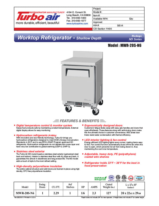 Turbo Air MWR-20S-N6 M3 Series 20" Shallow Depth Undercounter Worktop Refrigerator w/ (1) Section, 1 Solid Door - Donut-Equipment.com