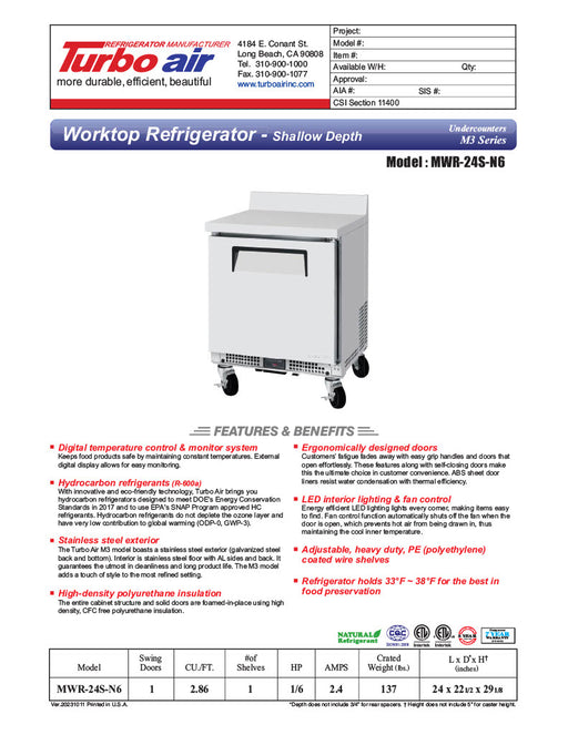 Turbo Air MWR-24S-N6 M3 Series 24" Shallow Depth Undercounter Worktop Refrigerator w/ (1) Section, 1 Solid Door - Donut-Equipment.com