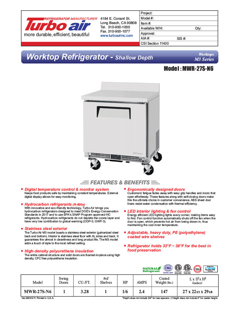 Turbo Air MWR-27S-N6 M3 Series 27" Shallow Depth Undercounter Worktop Refrigerator w/ (1) Section, 1 Solid Door - Donut-Equipment.com