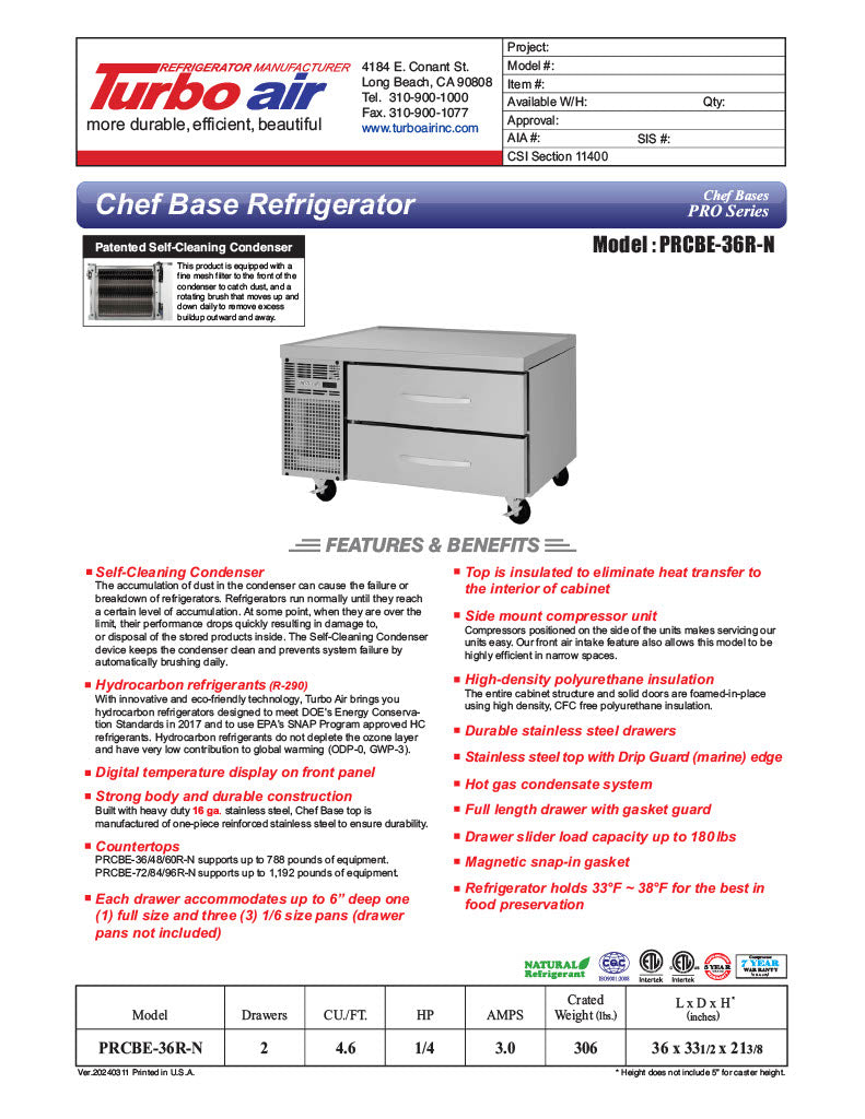 Turbo Air PRCBE-36R-N 36" PRO Series Chef Base w/ 2 Drawers - 115v - Donut-Equipment.com