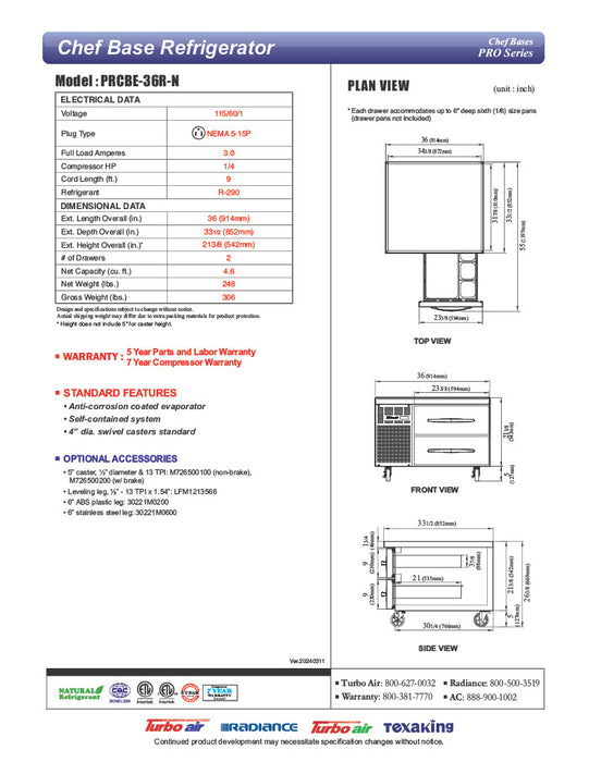 Turbo Air PRCBE-36R-N 36" PRO Series Chef Base w/ 2 Drawers - 115v - Donut-Equipment.com