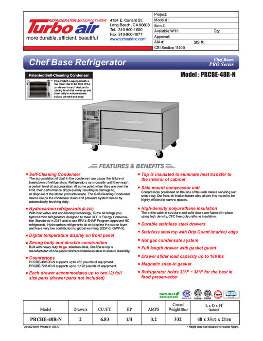 Turbo Air PRCBE-48R-N 48" PRO Series Chef Base w/ 2 Drawers - 115v - Donut-Equipment.com