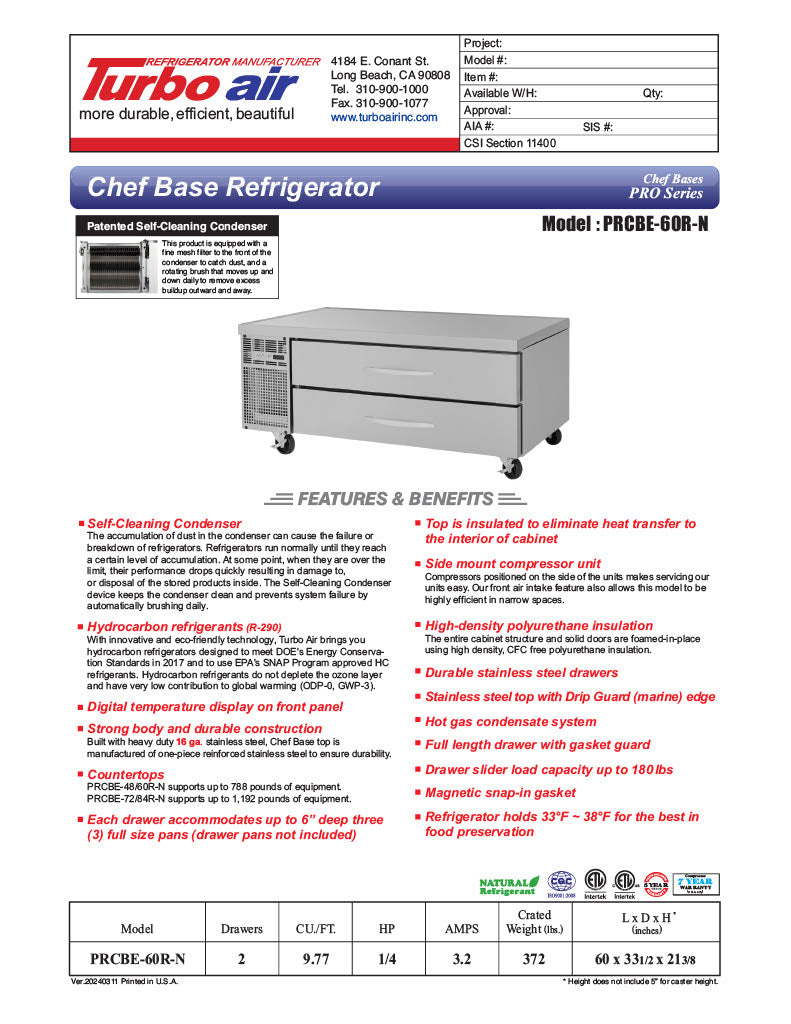 Turbo Air PRCBE-60R-N 60" PRO Series Chef Base w/ 4 Drawers - 115v - Donut-Equipment.com
