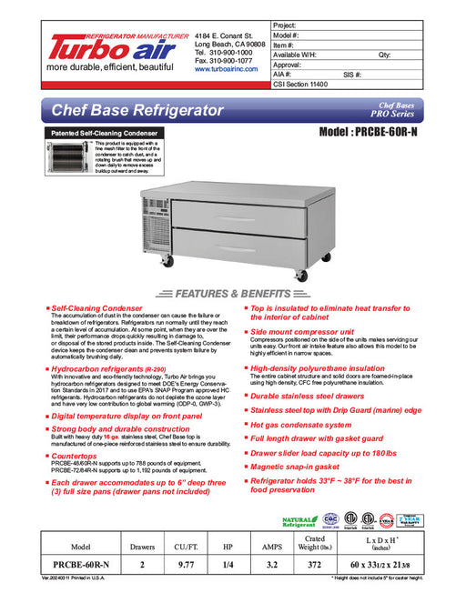 Turbo Air PRCBE-60R-N 60" PRO Series Chef Base w/ 4 Drawers - 115v - Donut-Equipment.com
