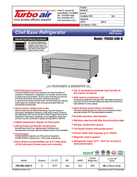 Turbo Air PRCBE-60R-N 60" PRO Series Chef Base w/ 4 Drawers - 115v - Donut-Equipment.com