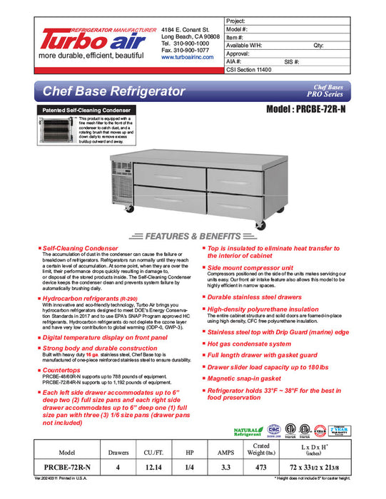 Turbo Air PRCBE-72R-N 72" PRO Series Chef Base w/ (4) Drawers - 115v - Donut-Equipment.com