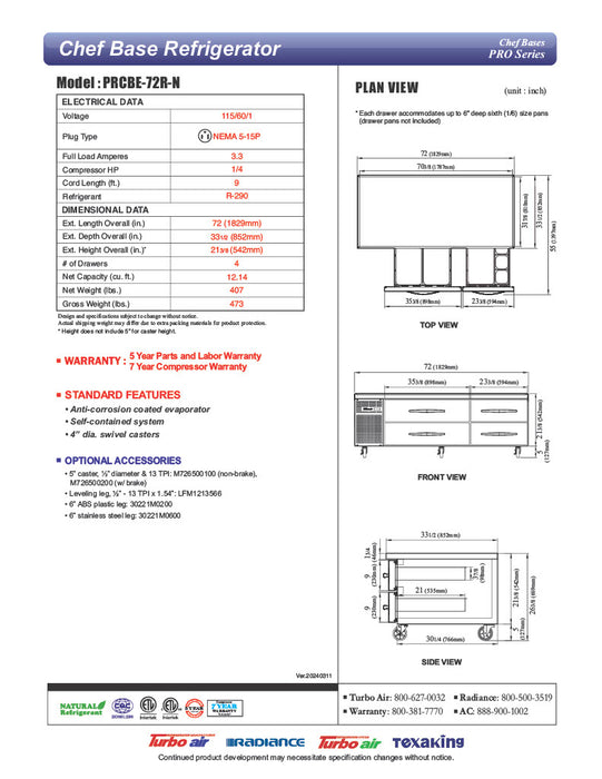 Turbo Air PRCBE-72R-N 72" PRO Series Chef Base w/ (4) Drawers - 115v - Donut-Equipment.com