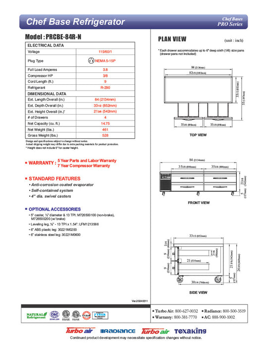 Turbo Air PRCBE-84R-N 84" PRO Series Chef Base w/ (4) Drawers - 115v - Donut-Equipment.com