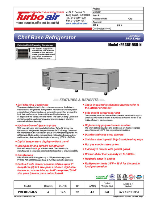 Turbo Air PRCBE-96R-N 96" PRO Series Chef Base w/ (4) Drawers - 115v - Donut-Equipment.com