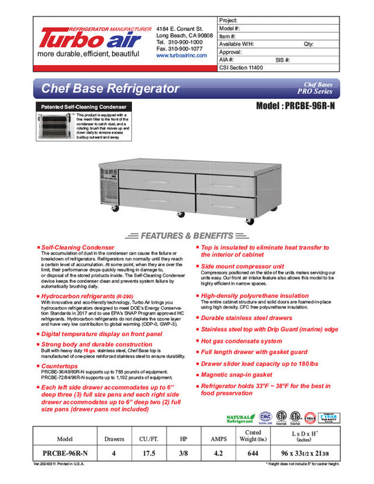 Turbo Air PRCBE-96R-N 96" PRO Series Chef Base w/ (4) Drawers - 115v - Donut-Equipment.com