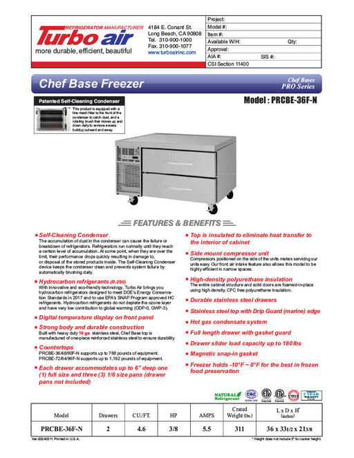 Turbo Air PRCBE-36F-N 36" PRO Series Chef Base Freezer w/ (2) Drawers - 115v - Donut-Equipment.com