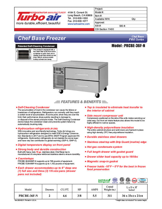 Turbo Air PRCBE-36F-N 36" PRO Series Chef Base Freezer w/ (2) Drawers - 115v - Donut-Equipment.com