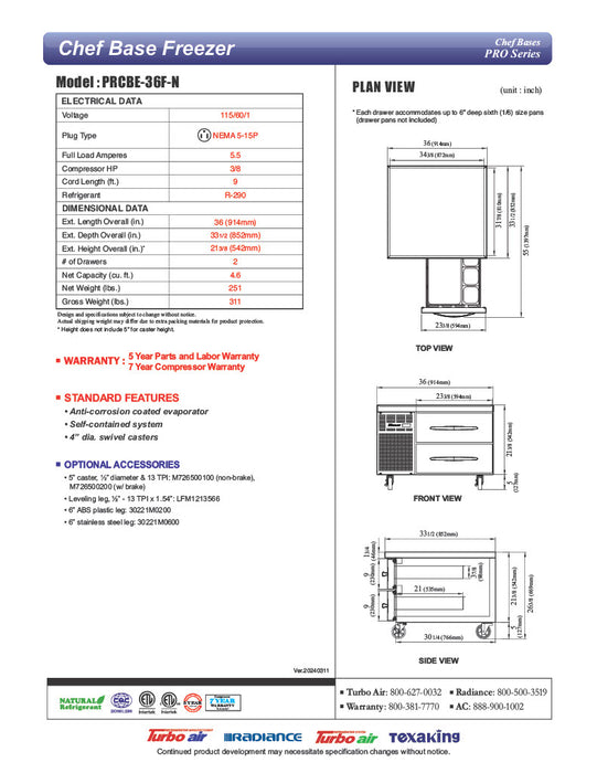 Turbo Air PRCBE-36F-N 36" PRO Series Chef Base Freezer w/ (2) Drawers - 115v - Donut-Equipment.com
