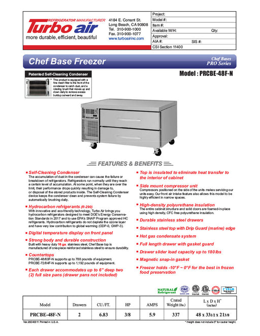 Turbo Air PRCBE-48F-N 48" PRO Series Chef Base Freezer w/ (2) Drawers - 115v - Donut-Equipment.com