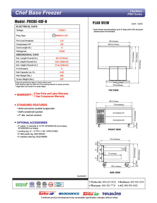 Turbo Air PRCBE-48F-N 48" PRO Series Chef Base Freezer w/ (2) Drawers - 115v - Donut-Equipment.com