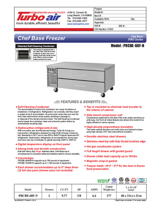Turbo Air PRCBE-60F-N 60" PRO Series Chef Base Freezer w/ (4) Drawers – 115v - Donut-Equipment.com