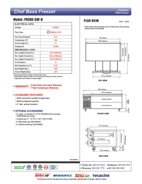 Turbo Air PRCBE-60F-N 60" PRO Series Chef Base Freezer w/ (4) Drawers – 115v - Donut-Equipment.com