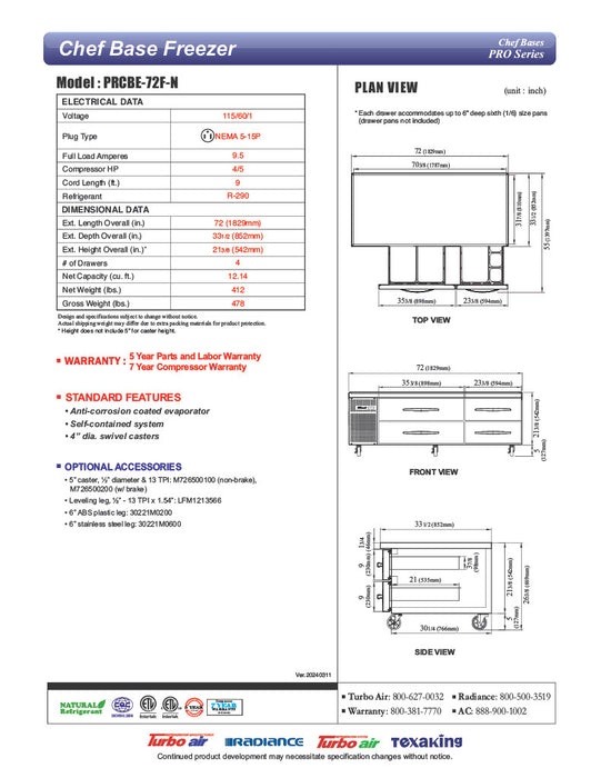 Turbo Air PRCBE-72F-N 72" PRO Series Chef Base Freezer w/ (4) Drawers – 115v - Donut-Equipment.com