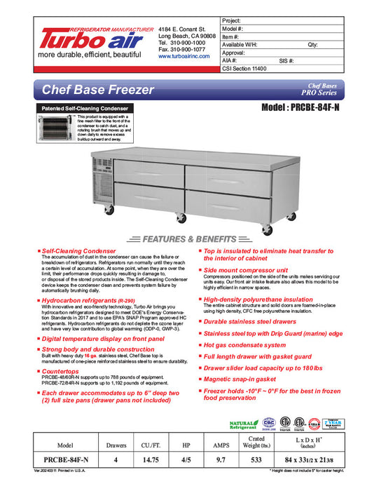 Turbo Air PRCBE-84F-N 84" PRO Series Chef Base Freezer w/ (4) Drawers – 115v - Donut-Equipment.com