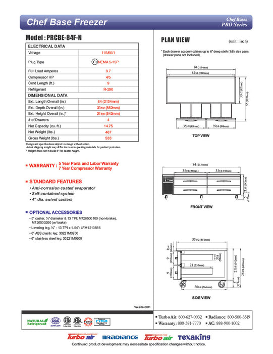 Turbo Air PRCBE-84F-N 84" PRO Series Chef Base Freezer w/ (4) Drawers – 115v - Donut-Equipment.com