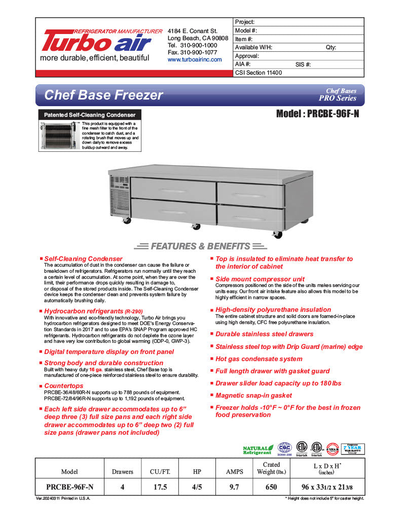 Turbo Air PRCBE-96F-N 96" PRO Series Chef Base Freezer w/ (4) Drawers – 115v - Donut-Equipment.com