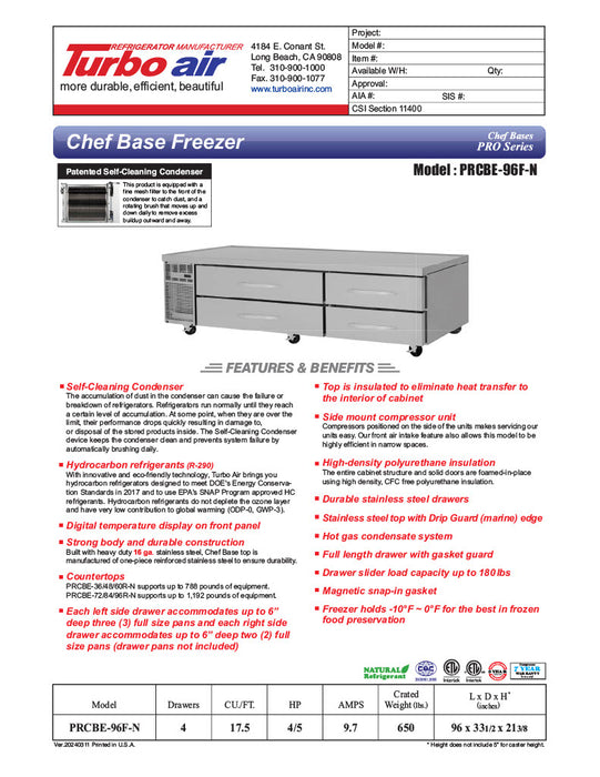 Turbo Air PRCBE-96F-N 96" PRO Series Chef Base Freezer w/ (4) Drawers – 115v - Donut-Equipment.com