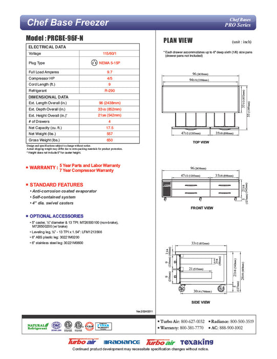Turbo Air PRCBE-96F-N 96" PRO Series Chef Base Freezer w/ (4) Drawers – 115v - Donut-Equipment.com