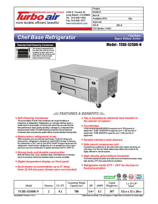 Turbo Air TCBE-52SDR-N 52 1/4" Super Deluxe Chef Base w/ (2) Drawers - 115v - Donut-Equipment.com