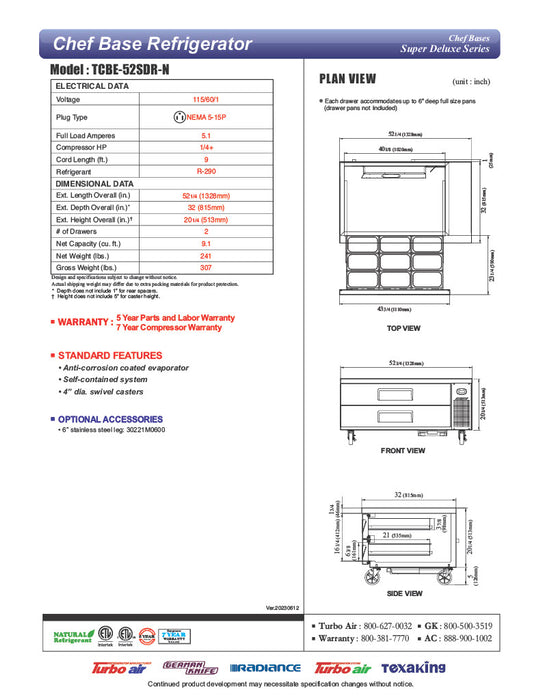 Turbo Air TCBE-52SDR-N 52 1/4" Super Deluxe Chef Base w/ (2) Drawers - 115v - Donut-Equipment.com