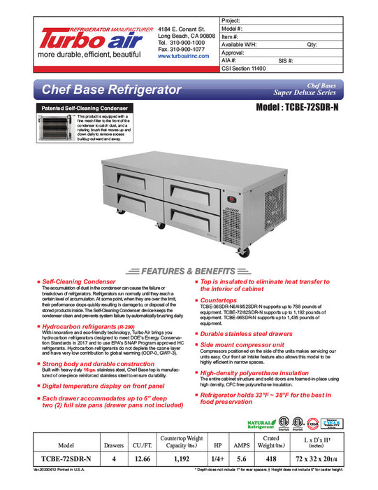 Turbo Air TCBE-72SDR-N 72" Super Deluxe Chef Base w/ (4) Drawers - 115v - Donut-Equipment.com