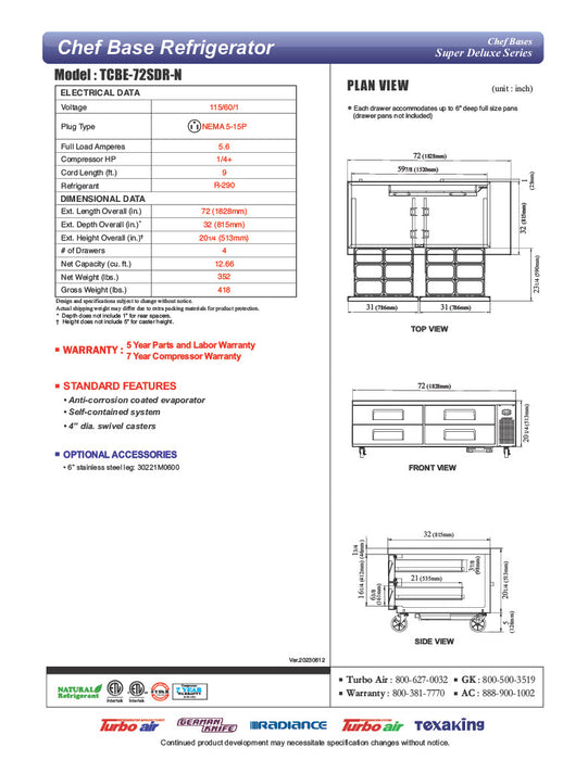 Turbo Air TCBE-72SDR-N 72" Super Deluxe Chef Base w/ (4) Drawers - 115v - Donut-Equipment.com