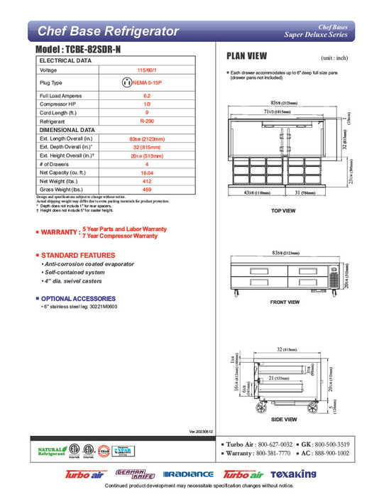Turbo Air TCBE-82SDR-N 83 5/8" Super Deluxe Chef Base w/ (4) Drawers - 115v - Donut-Equipment.com