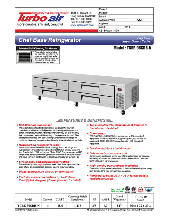 Turbo Air TCBE-96SDR-N 96 3/8" Super Deluxe Chef Base w/ (4) Drawers - 115v - Donut-Equipment.com