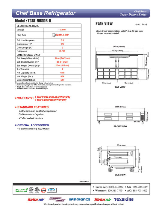 Turbo Air TCBE-96SDR-N 96 3/8" Super Deluxe Chef Base w/ (4) Drawers - 115v - Donut-Equipment.com
