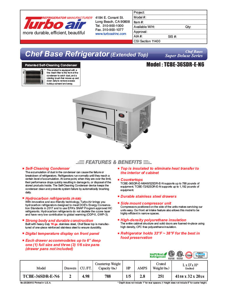 Turbo Air TCBE-36SDR-E-N6 41 5/8" Super Deluxe Chef Base w/ (2) Drawers - 115v - Donut-Equipment.com