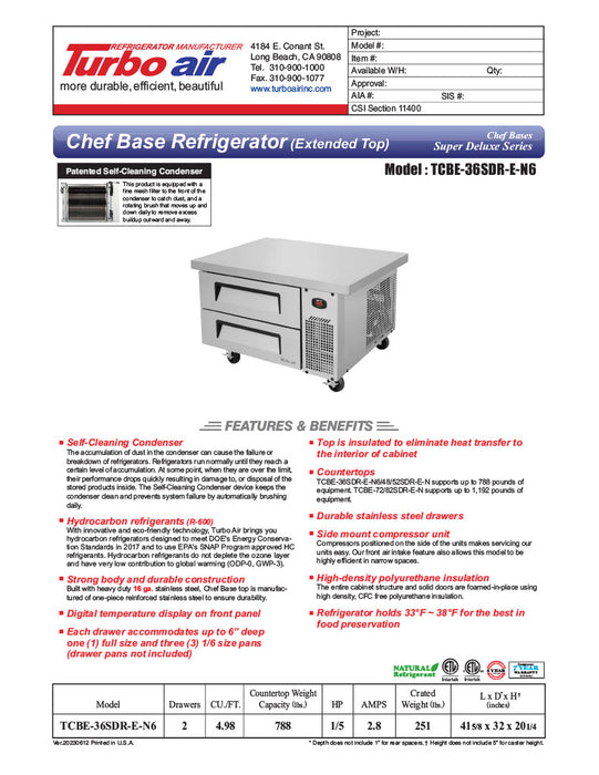 Turbo Air TCBE-36SDR-E-N6 41 5/8" Super Deluxe Chef Base w/ (2) Drawers - 115v - Donut-Equipment.com