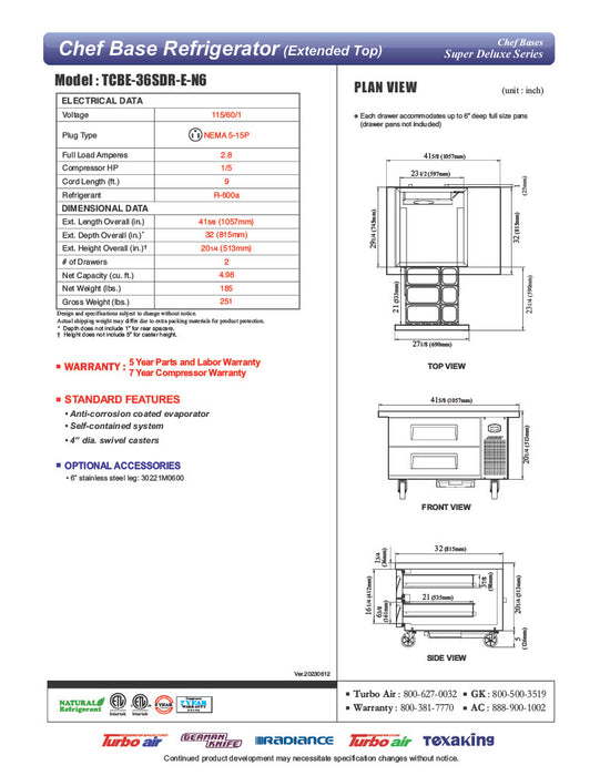 Turbo Air TCBE-36SDR-E-N6 41 5/8" Super Deluxe Chef Base w/ (2) Drawers - 115v - Donut-Equipment.com