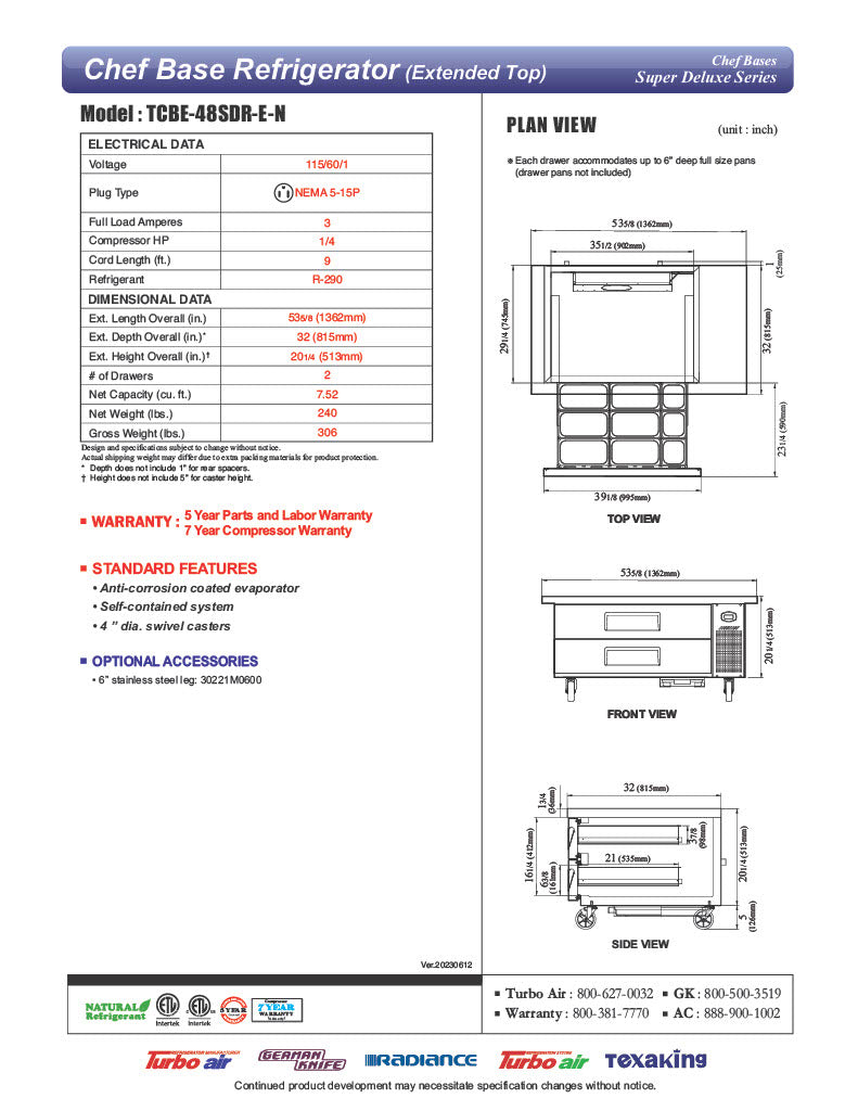 Turbo Air TCBE-48SDR-E-N 53 5/8" Super Deluxe Chef Base Refrigerator with (2) Drawers – 115v - Donut-Equipment.com