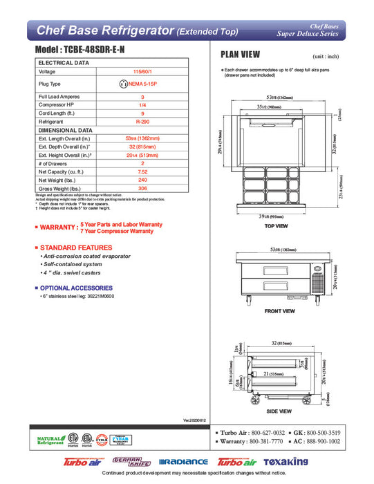 Turbo Air TCBE-48SDR-E-N 53 5/8" Super Deluxe Chef Base Refrigerator with (2) Drawers – 115v - Donut-Equipment.com