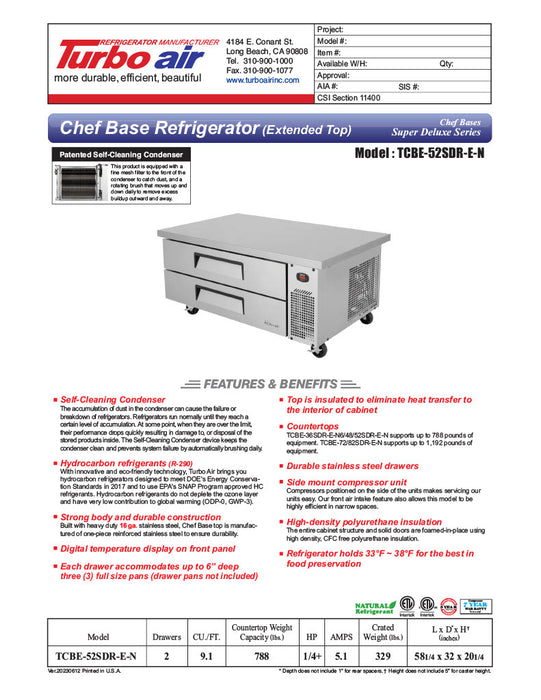 Turbo Air TCBE-52SDR-N 52 1/4" Super Deluxe Chef Base w/ (2) Drawers - 115v - Donut-Equipment.com