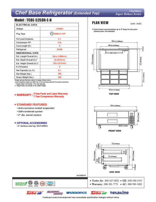 Turbo Air TCBE-52SDR-N 52 1/4" Super Deluxe Chef Base w/ (2) Drawers - 115v - Donut-Equipment.com