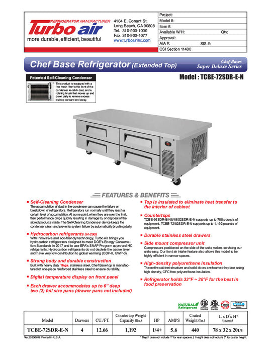 Turbo Air TCBE-72SDR-E-N 78" Super Deluxe Chef Base w/ 4 Drawers - 115v - Donut-Equipment.com