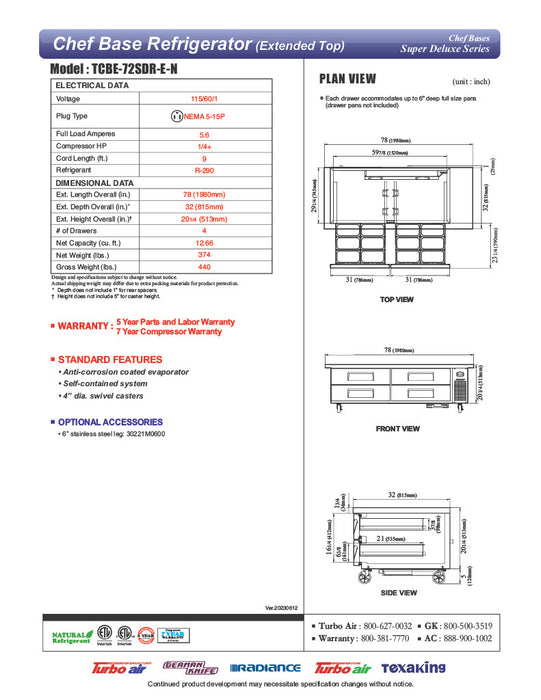 Turbo Air TCBE-72SDR-E-N 78" Super Deluxe Chef Base w/ 4 Drawers - 115v - Donut-Equipment.com