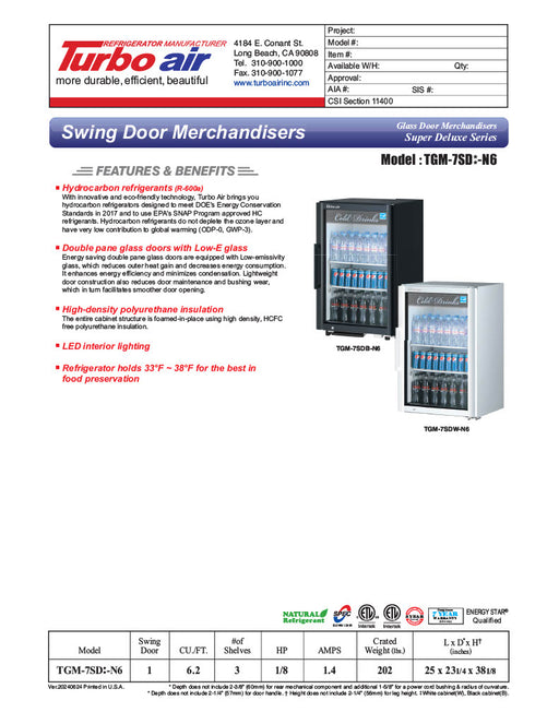 Turbo Air TGM-7SDB-N6 25" Black Super Deluxe Countertop Refrigerator w/ Glass Swing Door – Front Access, LED Lighting, 115v - Donut-Equipment.com