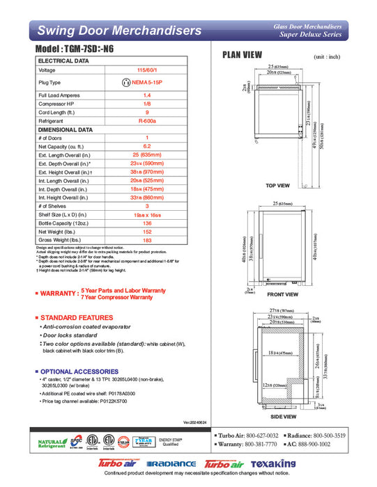 Turbo Air TGM-7SDB-N6 25" Black Super Deluxe Countertop Refrigerator w/ Glass Swing Door – Front Access, LED Lighting, 115v - Donut-Equipment.com