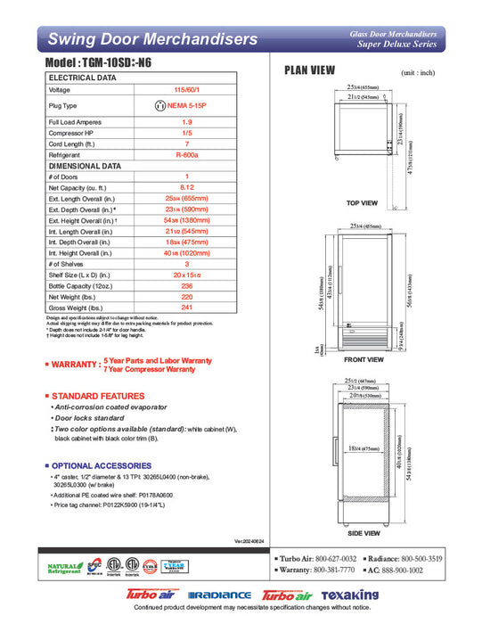 Turbo Air TGM-10SDB-N6 26" Black Super Deluxe Countertop Refrigerator w/ Glass Swing Door – Front Access, LED Lighting, 115v - Donut-Equipment.com