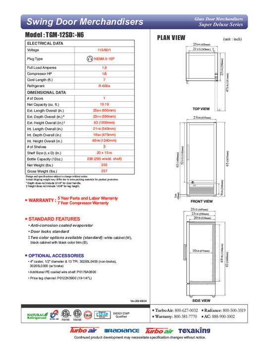 Turbo Air TGM-12SDB-N6 26" Black Super Deluxe Countertop Refrigerator w/ Glass Swing Door – LED Interior, Front Access, 115v - Donut-Equipment.com