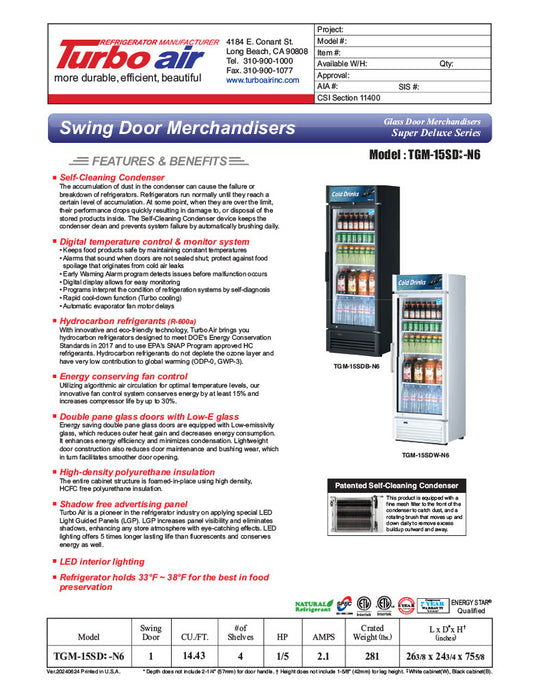 Turbo Air TGM-15SD-N6 27" White Super Deluxe Countertop Refrigerator w/ Glass Swing Door – LED Lighting, Front Access, 115v - Donut-Equipment.com