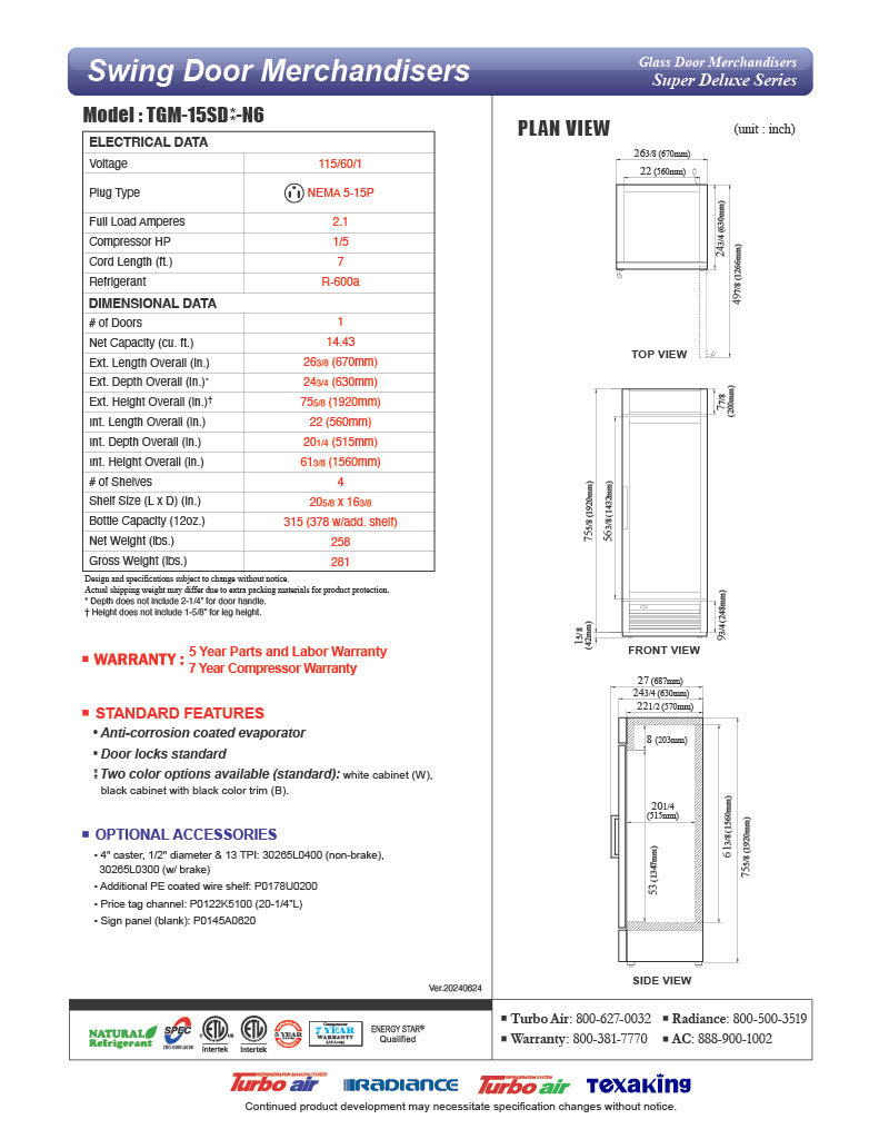 Turbo Air TGM-15SD-N6 27" White Super Deluxe Countertop Refrigerator w/ Glass Swing Door – LED Lighting, Front Access, 115v - Donut-Equipment.com
