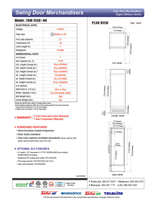 Turbo Air TGM-15SD-N6 27" White Super Deluxe Countertop Refrigerator w/ Glass Swing Door – LED Lighting, Front Access, 115v - Donut-Equipment.com